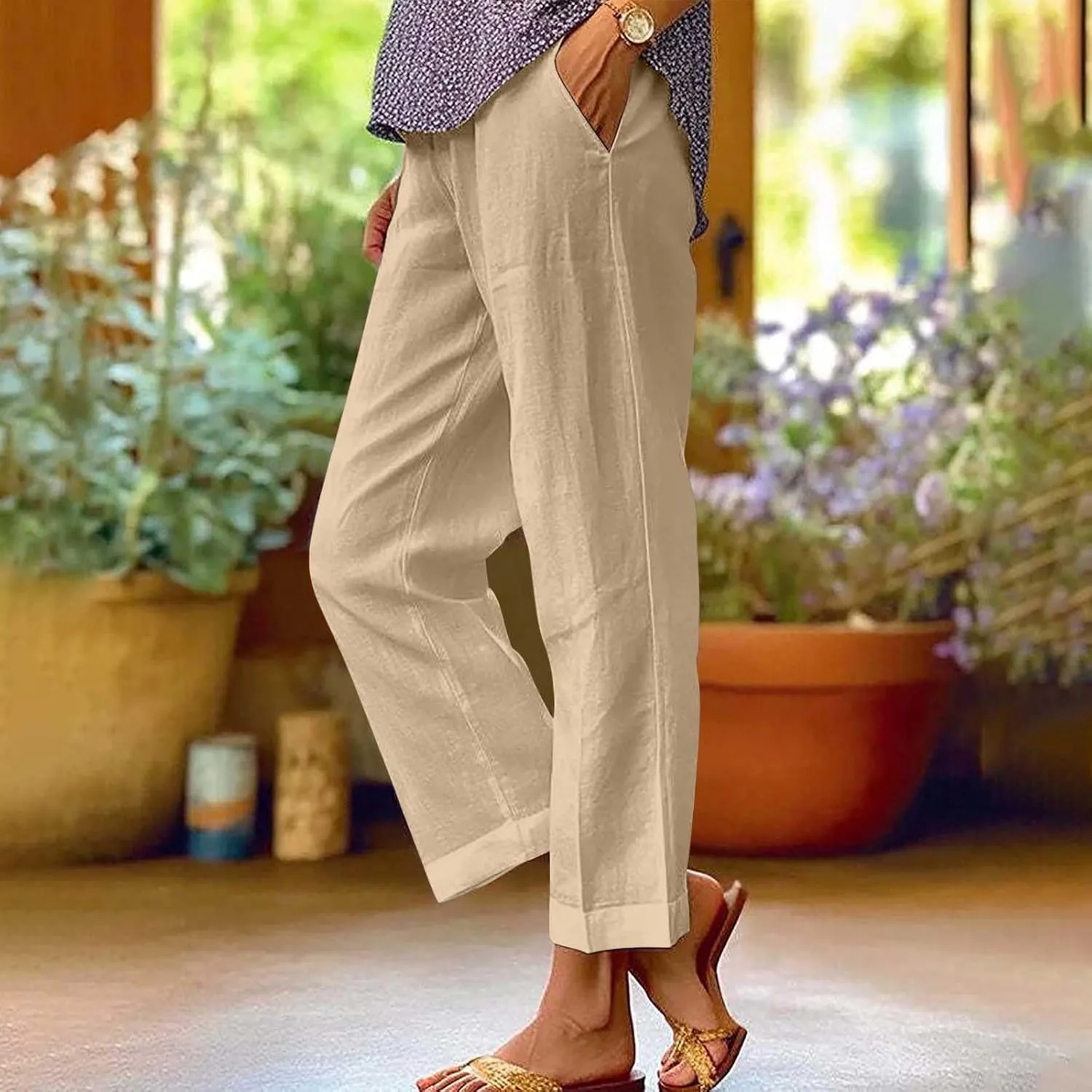 Cotton Linen Pants for Women Straight Leg Elastic Waist Pants Loose Fit Casual Trousers Plus Size Slack 2024 Fashion