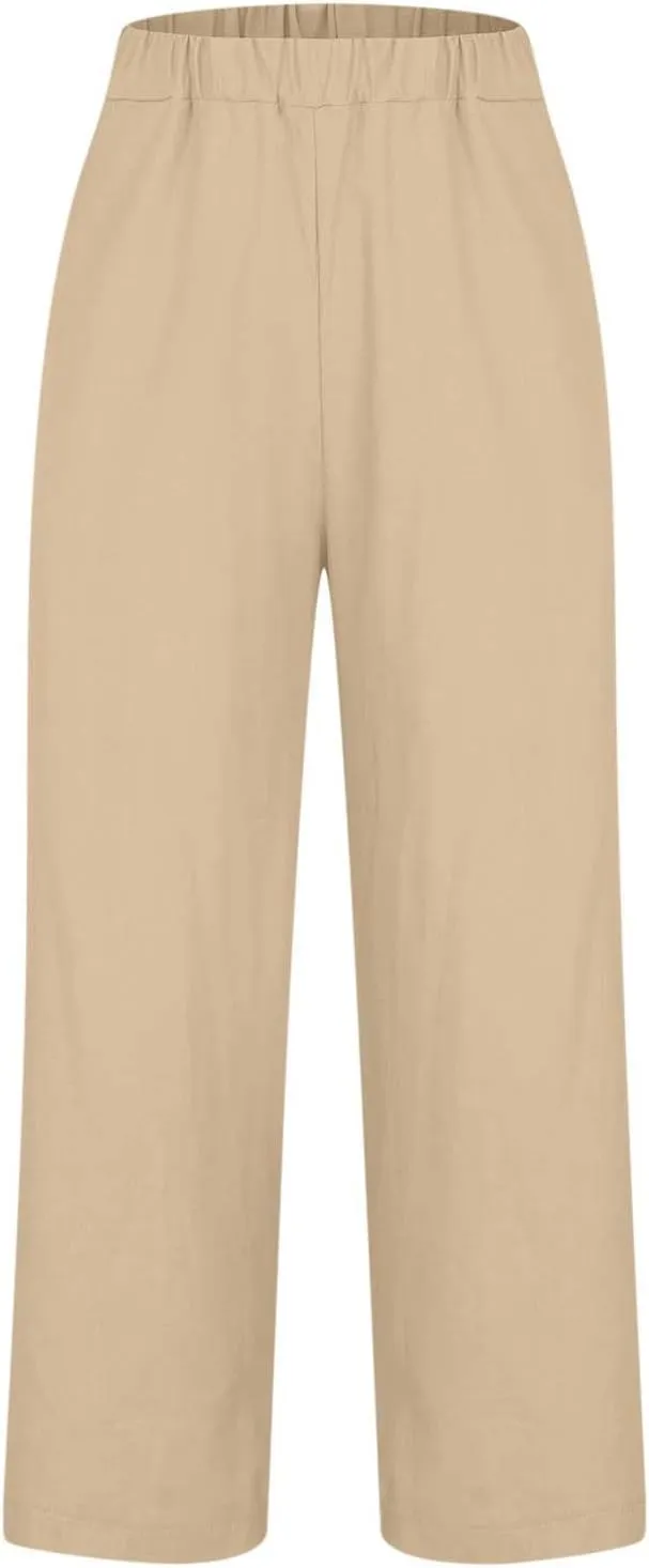 Cotton Linen Pants for Women Straight Leg Elastic Waist Pants Loose Fit Casual Trousers Plus Size Slack 2024 Fashion