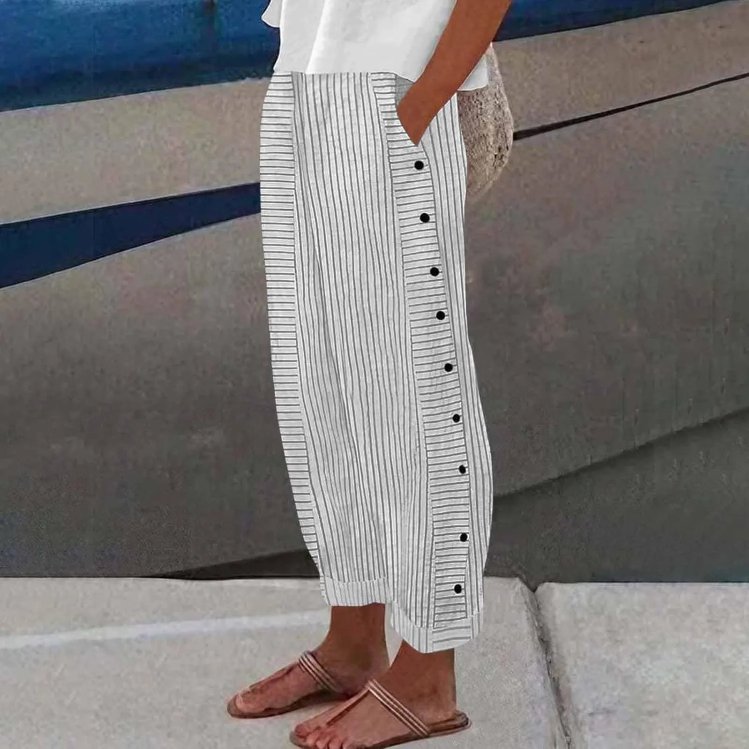 Cotton Linen Pants for Women Striped Print Side Button Pants Baggy Elastic Waist Straight Leg Trousers w Pocket