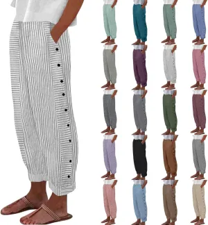 Cotton Linen Pants for Women Striped Print Side Button Pants Baggy Elastic Waist Straight Leg Trousers w Pocket