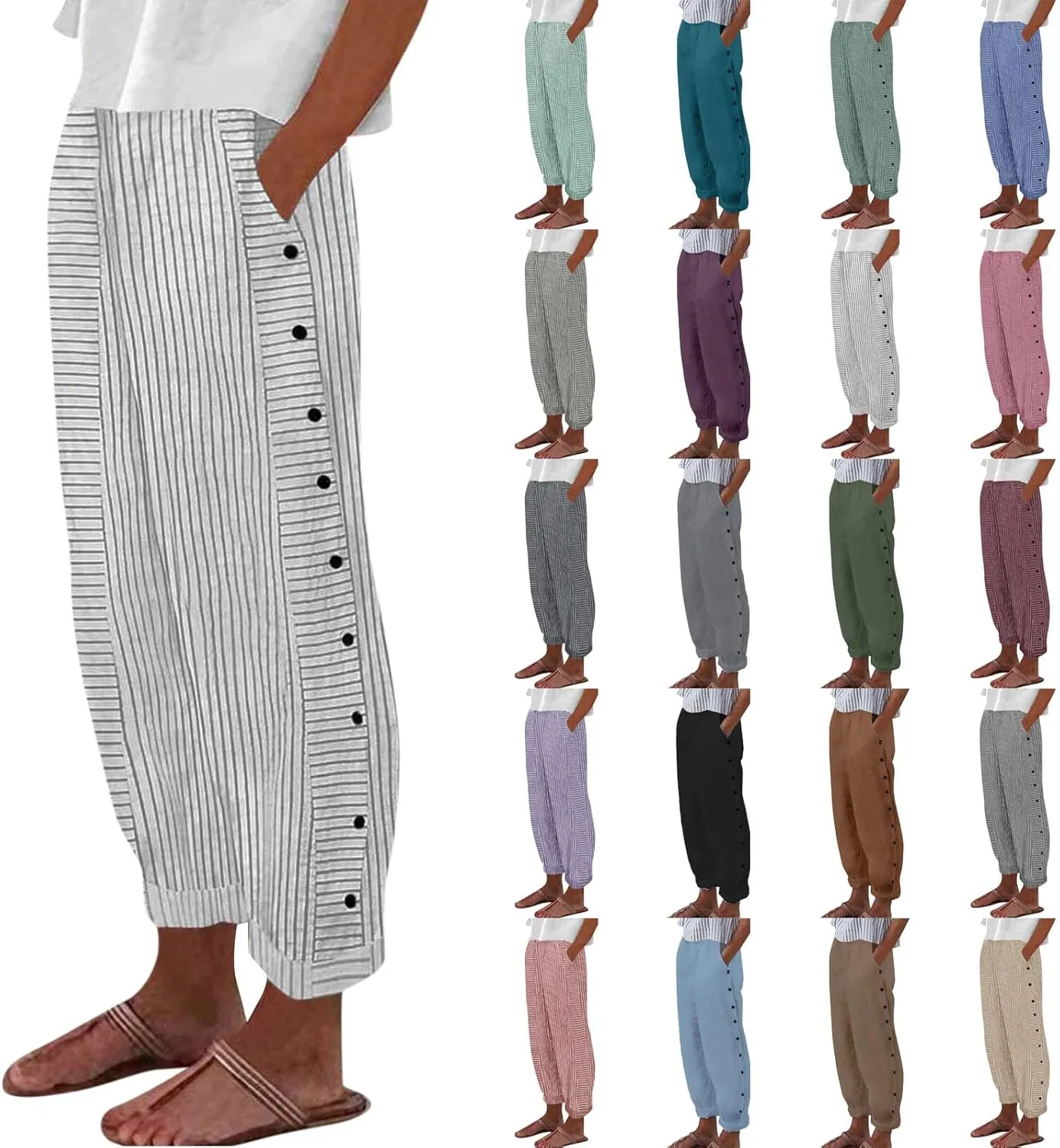 Cotton Linen Pants for Women Striped Print Side Button Pants Baggy Elastic Waist Straight Leg Trousers w Pocket