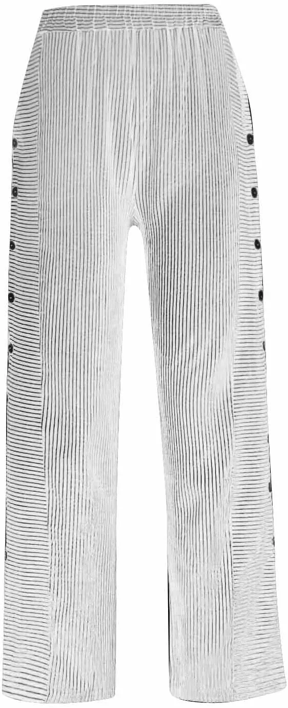 Cotton Linen Pants for Women Striped Print Side Button Pants Baggy Elastic Waist Straight Leg Trousers w Pocket