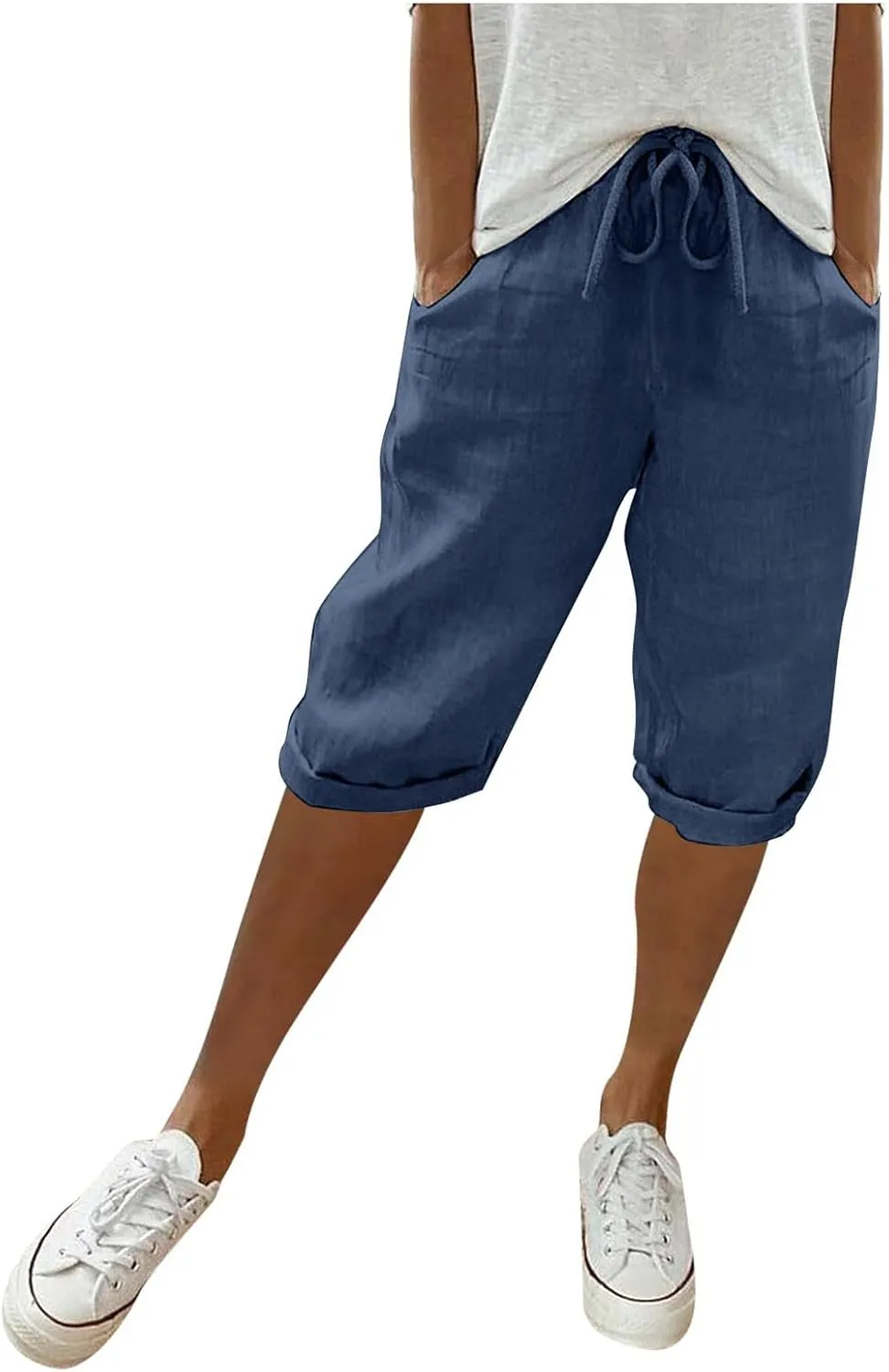 Cotton Linen Pants Women Cropped High Waisted Casual Trousers Drawstring Baggy Summer Lightweight Pants with Pockets