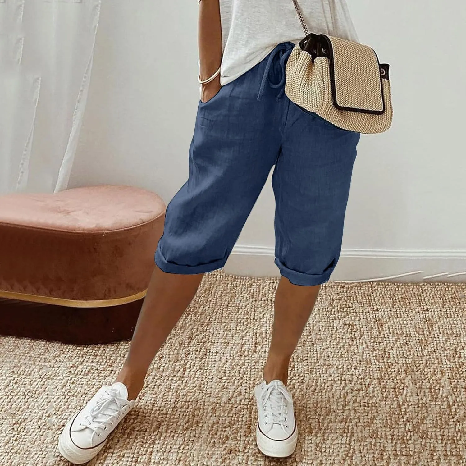 Cotton Linen Pants Women Cropped High Waisted Casual Trousers Drawstring Baggy Summer Lightweight Pants with Pockets
