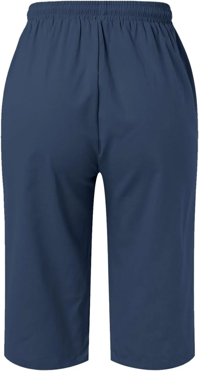 Cotton Linen Pants Women Cropped High Waisted Casual Trousers Drawstring Baggy Summer Lightweight Pants with Pockets