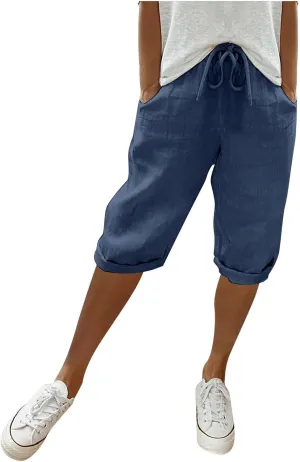 Cotton Linen Pants Women Cropped High Waisted Casual Trousers Drawstring Baggy Summer Lightweight Pants with Pockets