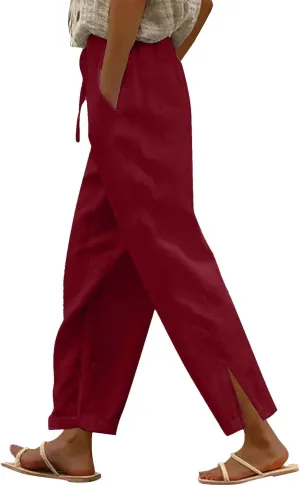 Cotton Linen Pants Women Elastic Drawstring High Waisted Pants Baggy Wide Leg Side Slit Boho Beach Pants with Pockets