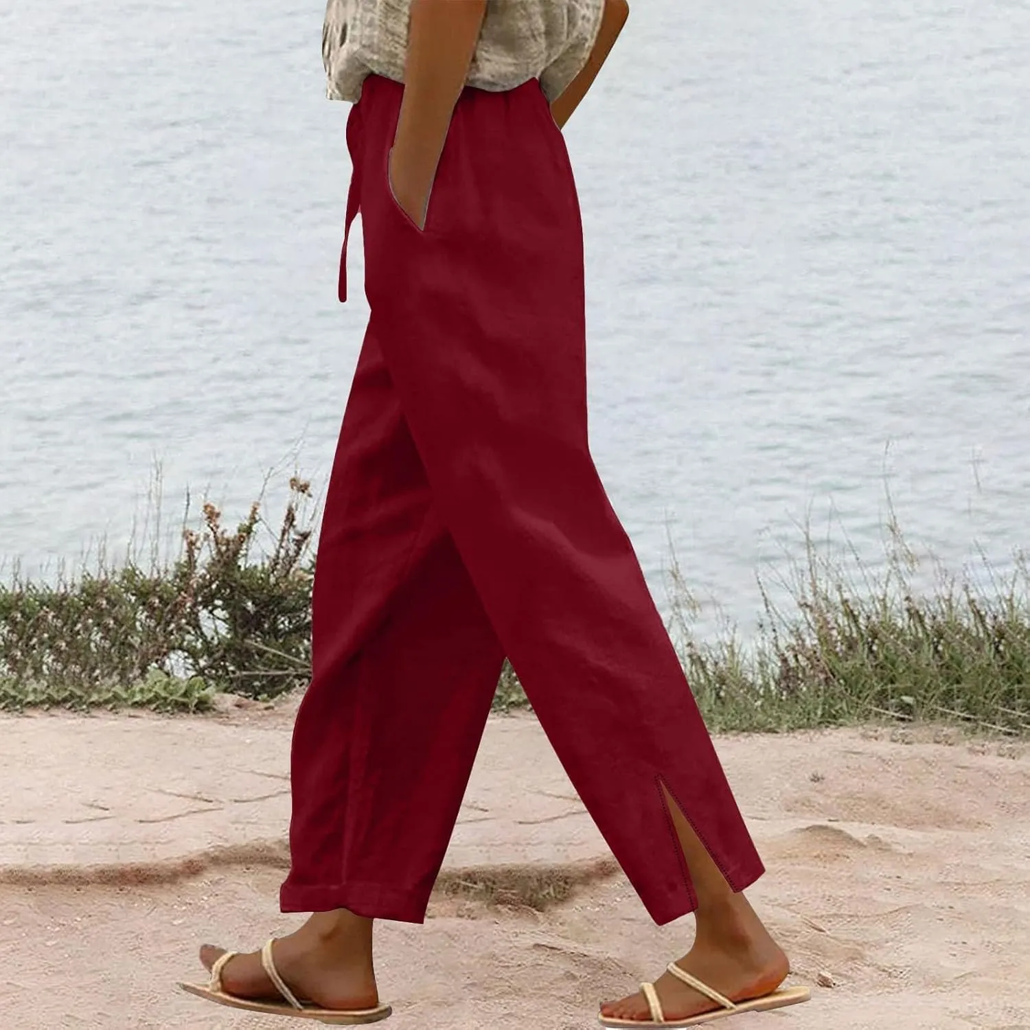 Cotton Linen Pants Women Elastic Drawstring High Waisted Pants Baggy Wide Leg Side Slit Boho Beach Pants with Pockets