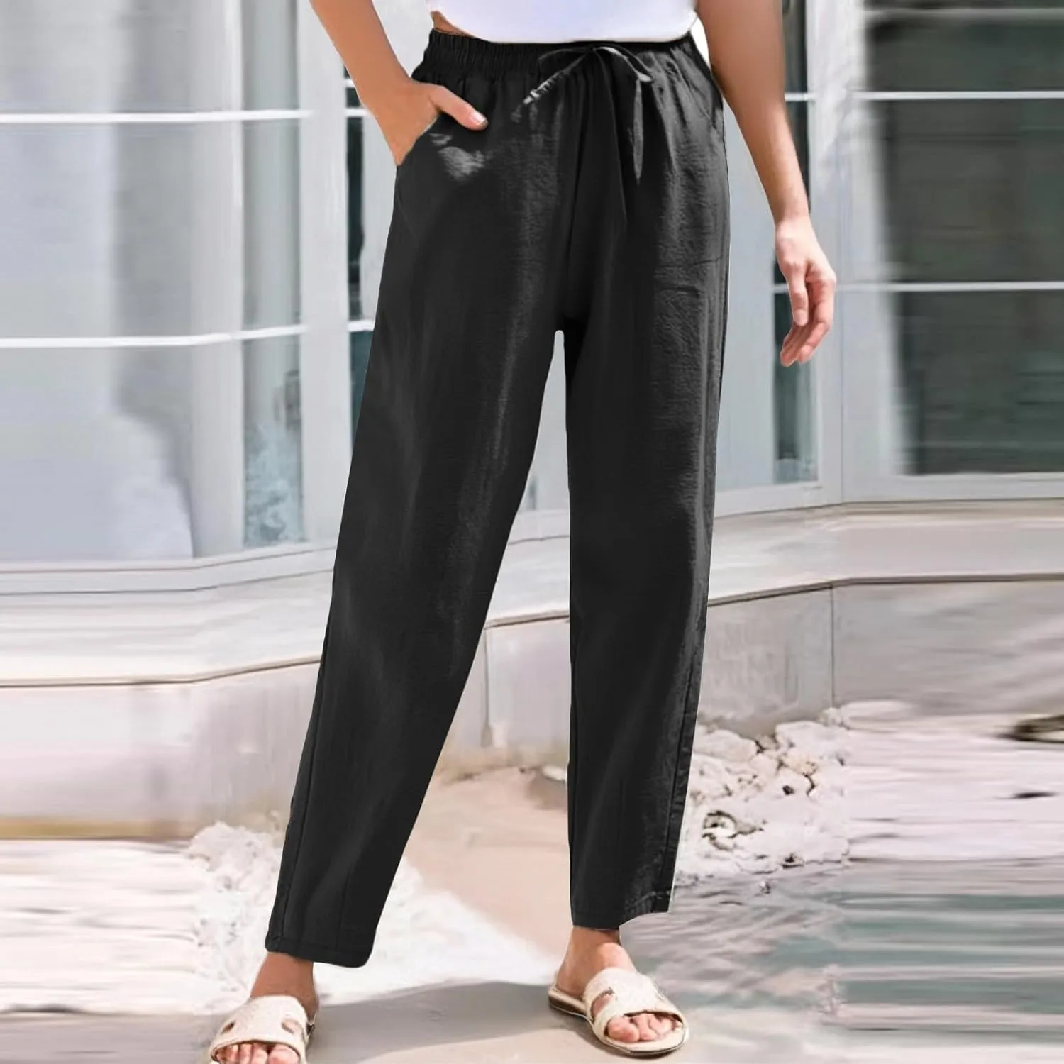Cotton Linen Pants Women Palazzo Straight Lounge Drawstring Beach Linen Clothes for Women 2025