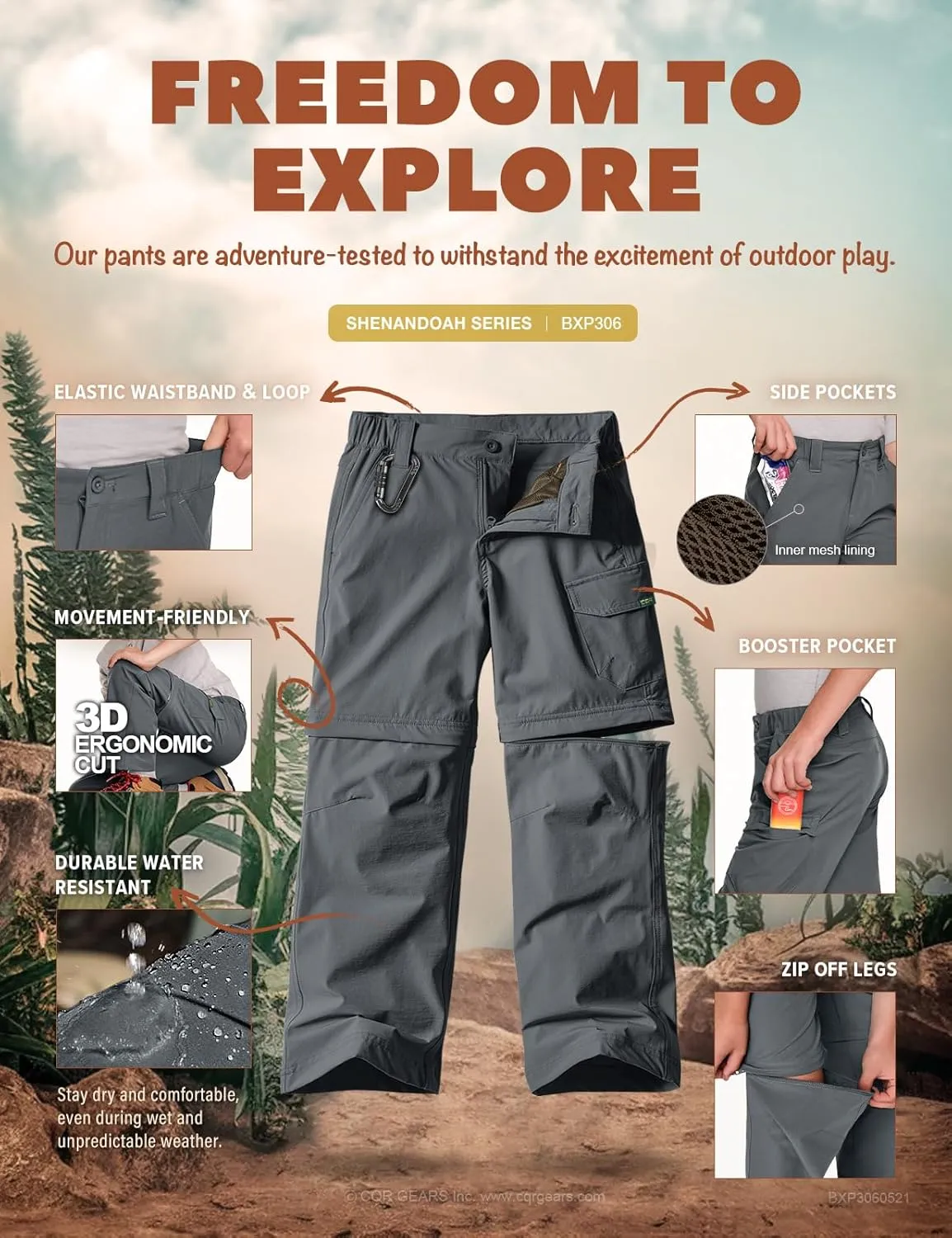 CQR Kids Youth Hiking Cargo Pants, UPF 50  Quick Dry Convertible Zip Off Pants, Outdoor Camping Pants