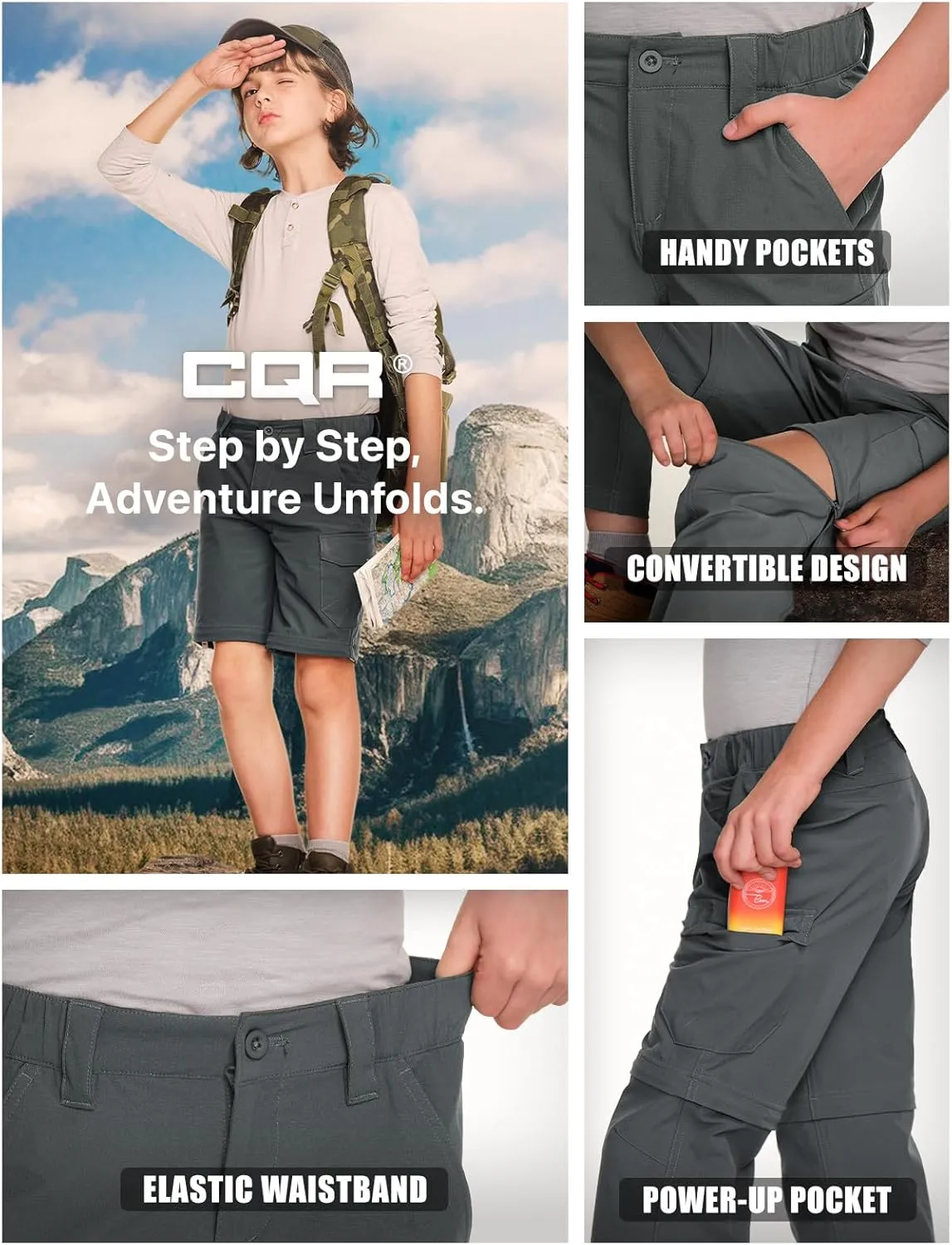CQR Kids Youth Hiking Cargo Pants, UPF 50  Quick Dry Convertible Zip Off Pants, Outdoor Camping Pants