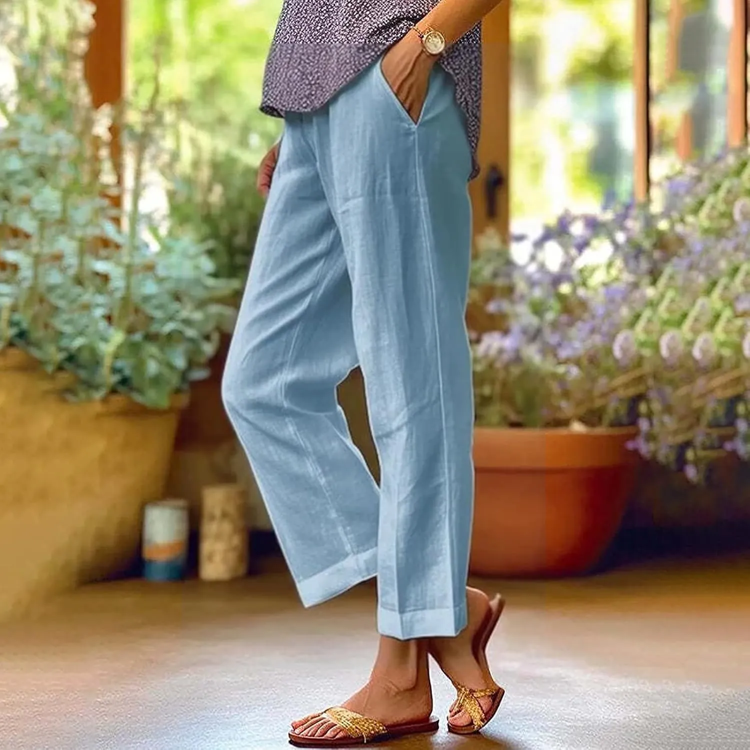 Cropped Linen Pants Women 2025 Summer Elastic Waist Straight Leg Plus Size Crop Pants Beach Trousers with Pockets