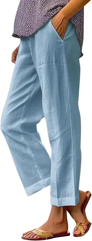 Cropped Linen Pants Women 2025 Summer Elastic Waist Straight Leg Plus Size Crop Pants Beach Trousers with Pockets