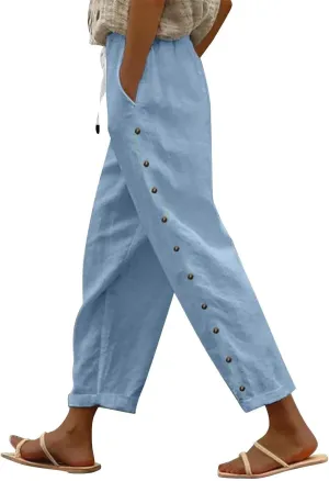 Cropped Linen Pants Women Casual Drawstring Waist Lightweight Summer Pants Loose Boho Beach Trousers with Pockets