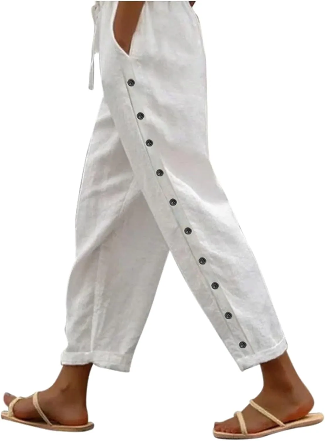 Cropped Linen Pants Women Casual Drawstring Waist Lightweight Summer Pants Loose Boho Beach Trousers with Pockets