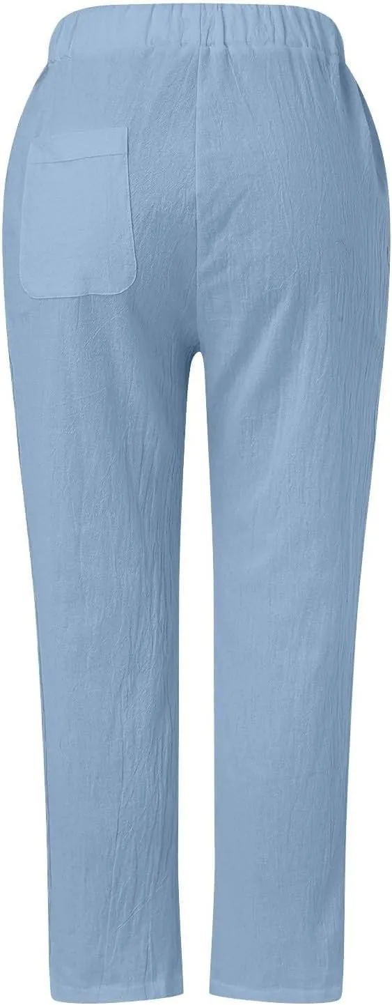Cropped Linen Pants Women Casual Drawstring Waist Lightweight Summer Pants Loose Boho Beach Trousers with Pockets