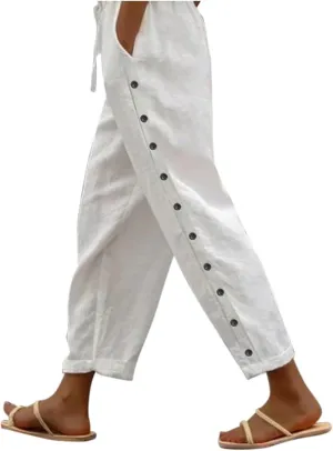 Cropped Linen Pants Women Casual Drawstring Waist Lightweight Summer Pants Loose Boho Beach Trousers with Pockets