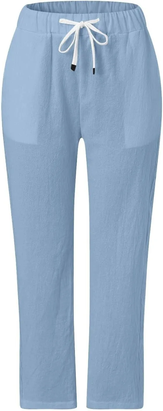 Cropped Linen Pants Women Casual Drawstring Waist Lightweight Summer Pants Loose Boho Beach Trousers with Pockets