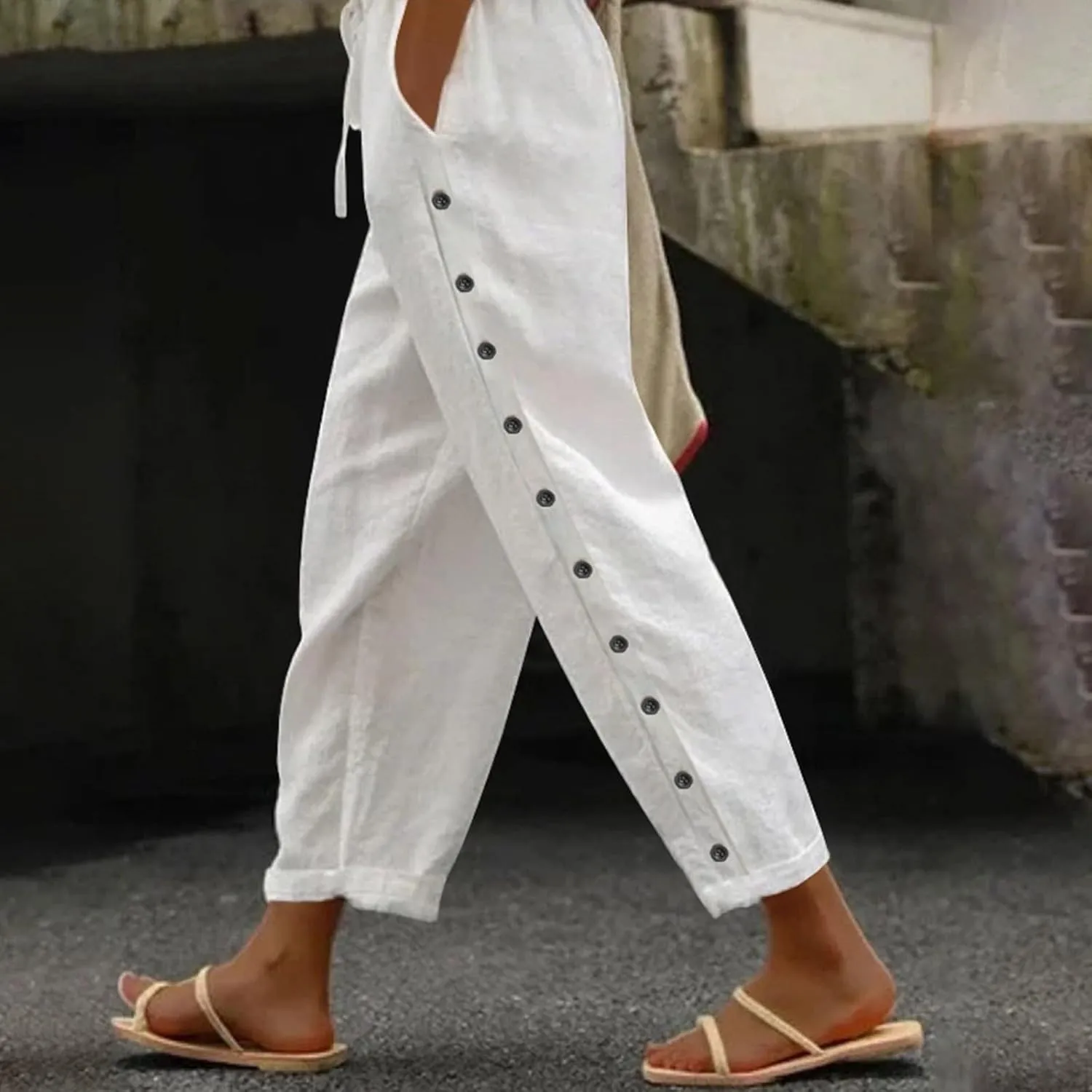 Cropped Linen Pants Women Casual Drawstring Waist Lightweight Summer Pants Loose Boho Beach Trousers with Pockets