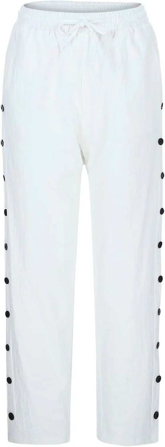 Cropped Linen Pants Women Casual Drawstring Waist Lightweight Summer Pants Loose Boho Beach Trousers with Pockets