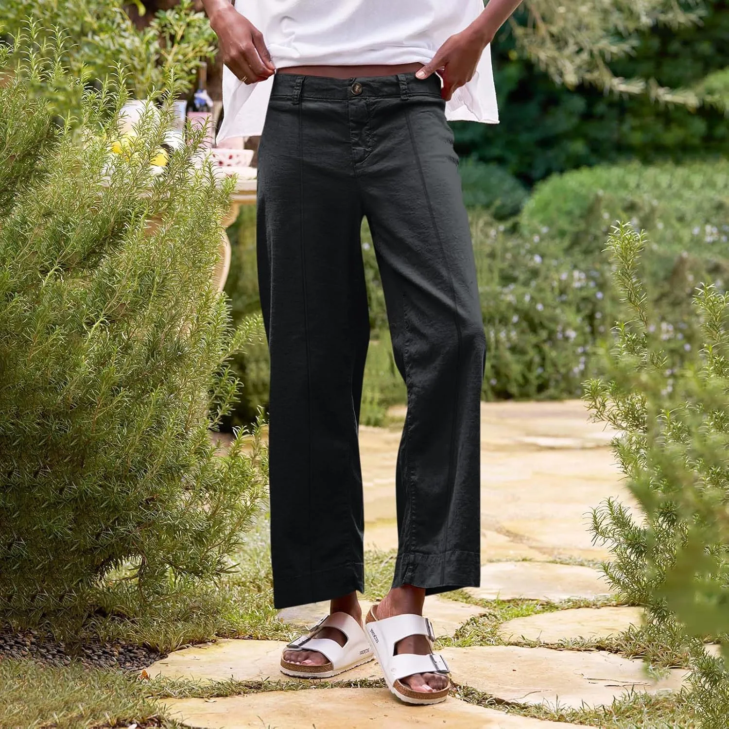 Cropped Linen Pants Women Elastic Waist Wide Leg Dress Pants Comfy Business Casual Work Pants Trousers with Pockets