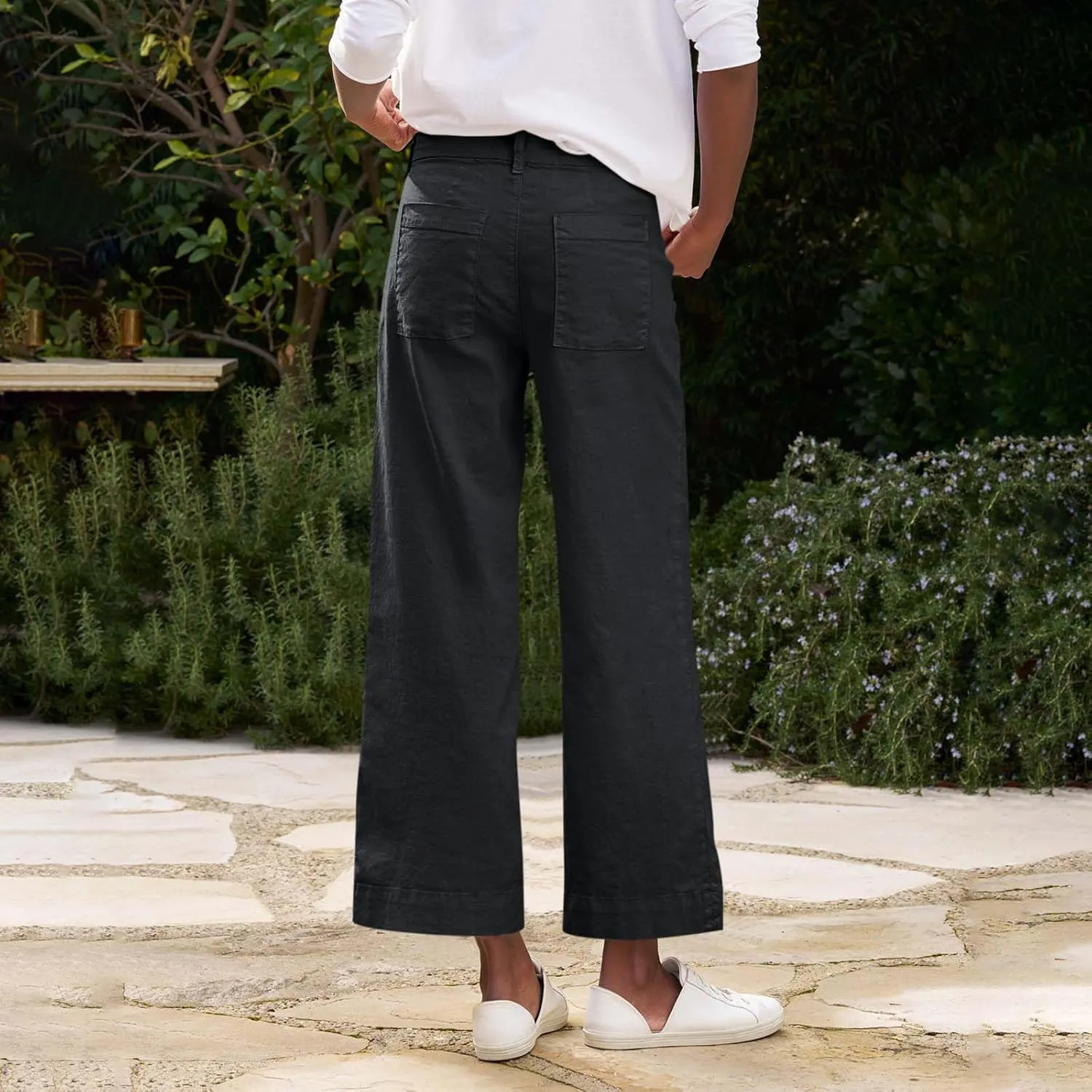 Cropped Linen Pants Women Elastic Waist Wide Leg Dress Pants Comfy Business Casual Work Pants Trousers with Pockets