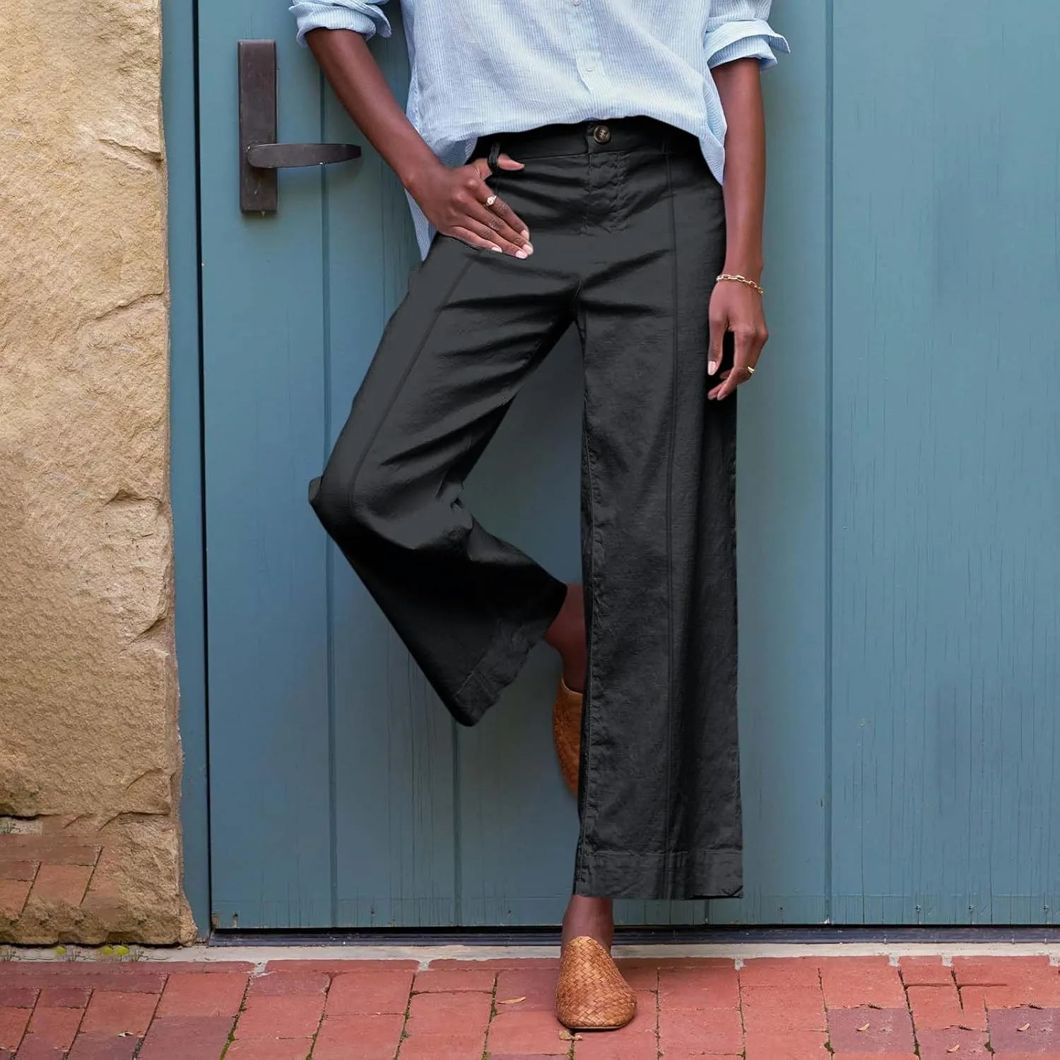 Cropped Linen Pants Women Elastic Waist Wide Leg Dress Pants Comfy Business Casual Work Pants Trousers with Pockets