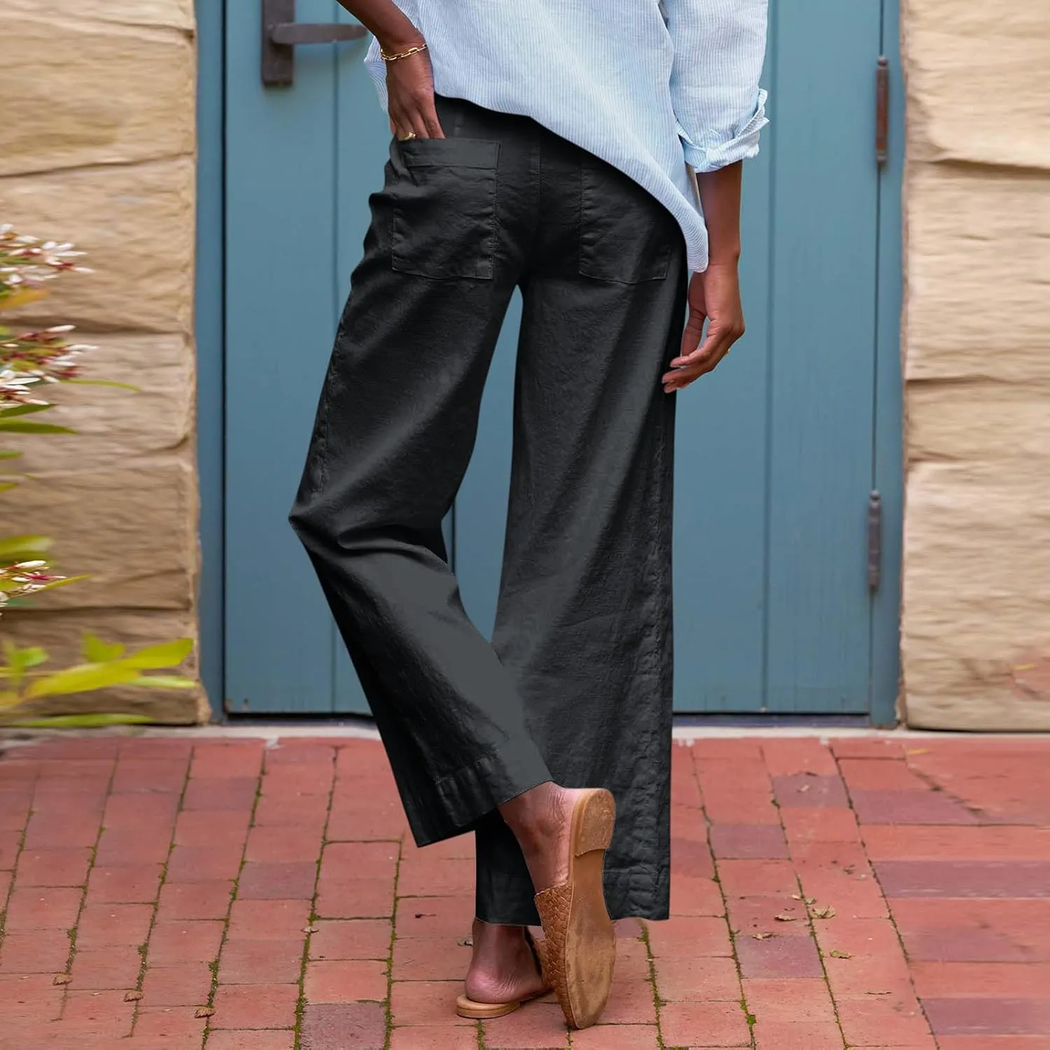 Cropped Linen Pants Women Elastic Waist Wide Leg Dress Pants Comfy Business Casual Work Pants Trousers with Pockets