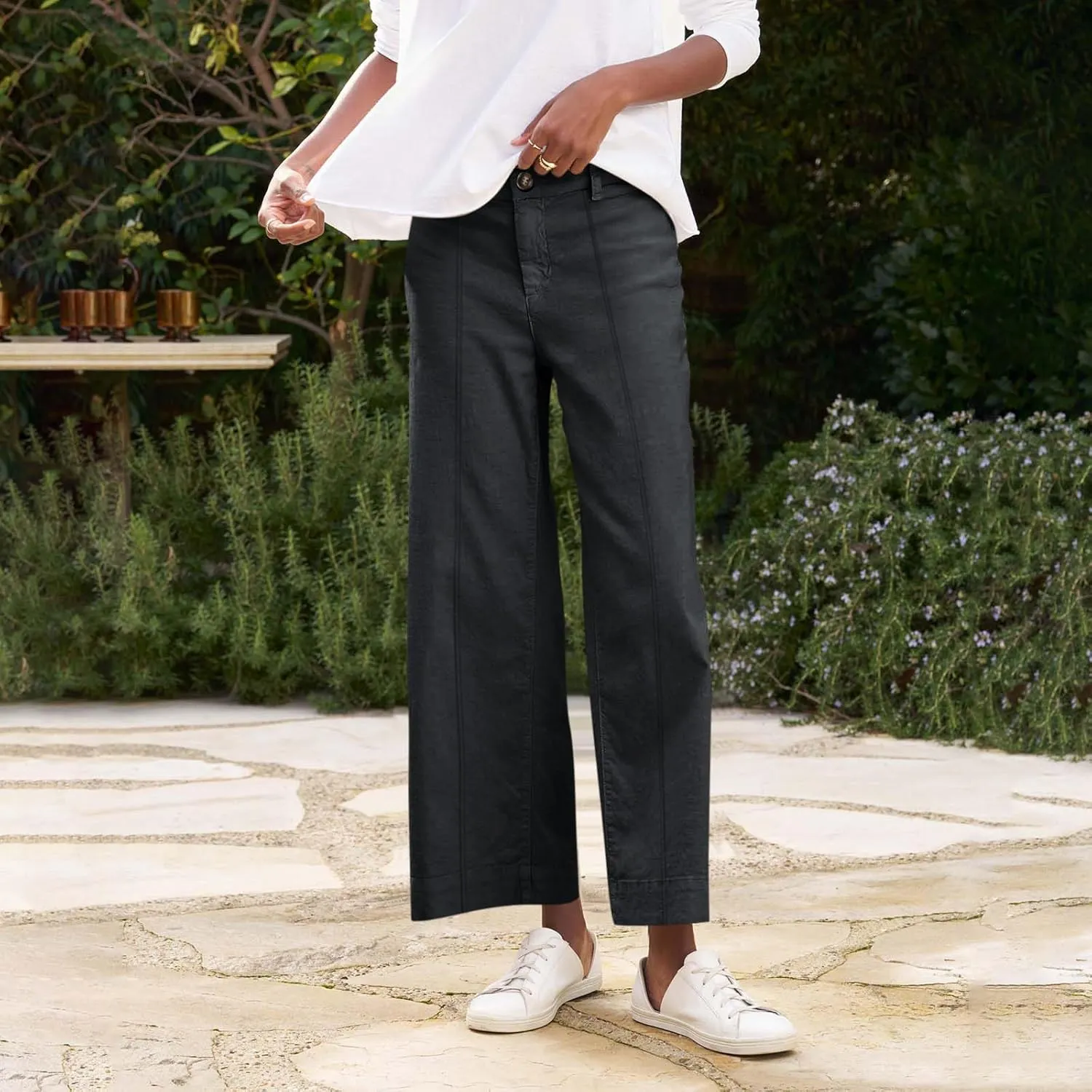 Cropped Linen Pants Women Elastic Waist Wide Leg Dress Pants Comfy Business Casual Work Pants Trousers with Pockets