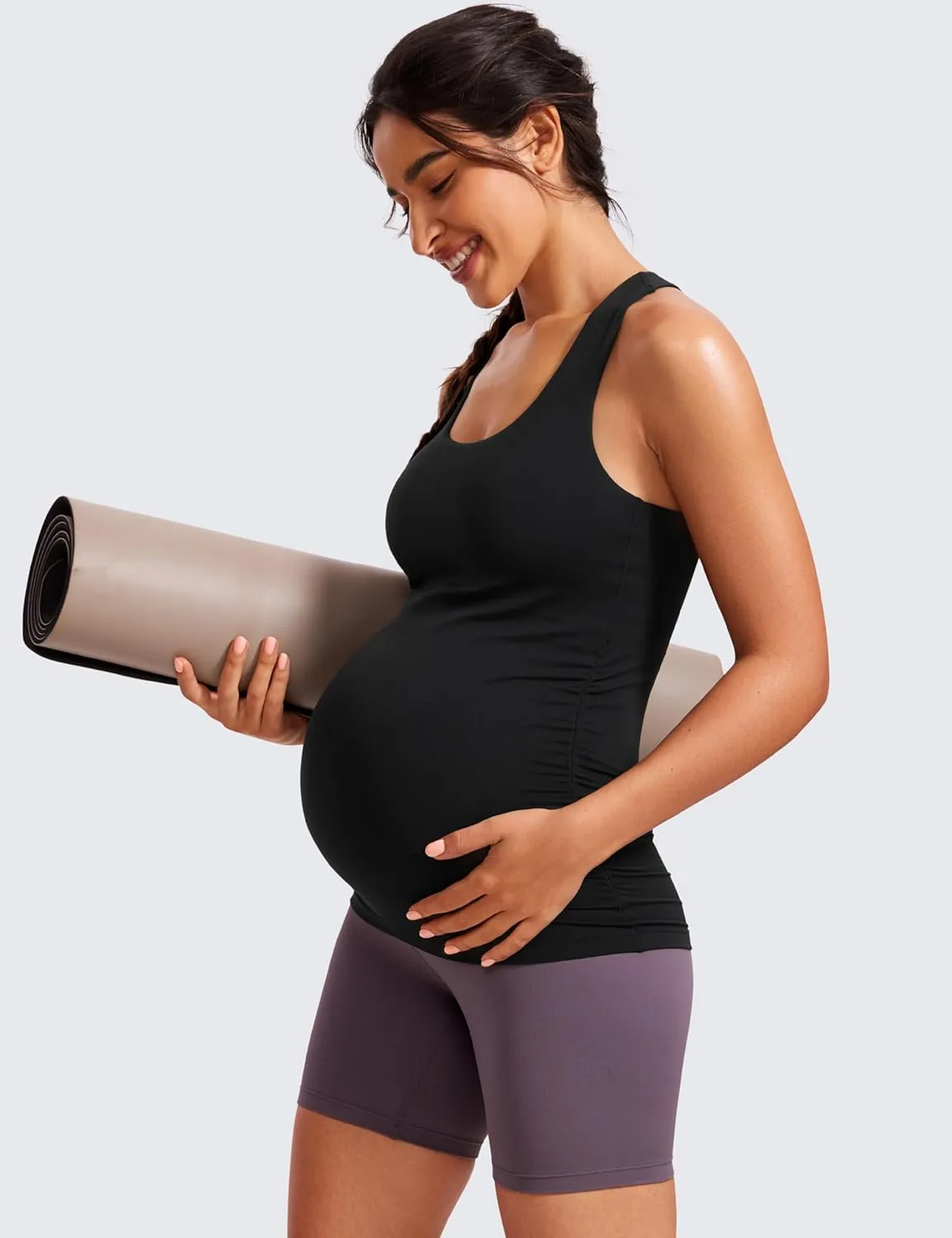 CRZ YOGA Butterluxe Womens Racerback Maternity Tank Tops Ruched Sleeveless Pregnancy Yoga Tee with Built in Bra Workout Shirt