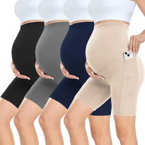 CTHH 4 Pack Maternity Shorts Over Belly with Pockets - 8" Pregnancy Biker Shorts Workout Yoga Pregnant Pants for Women