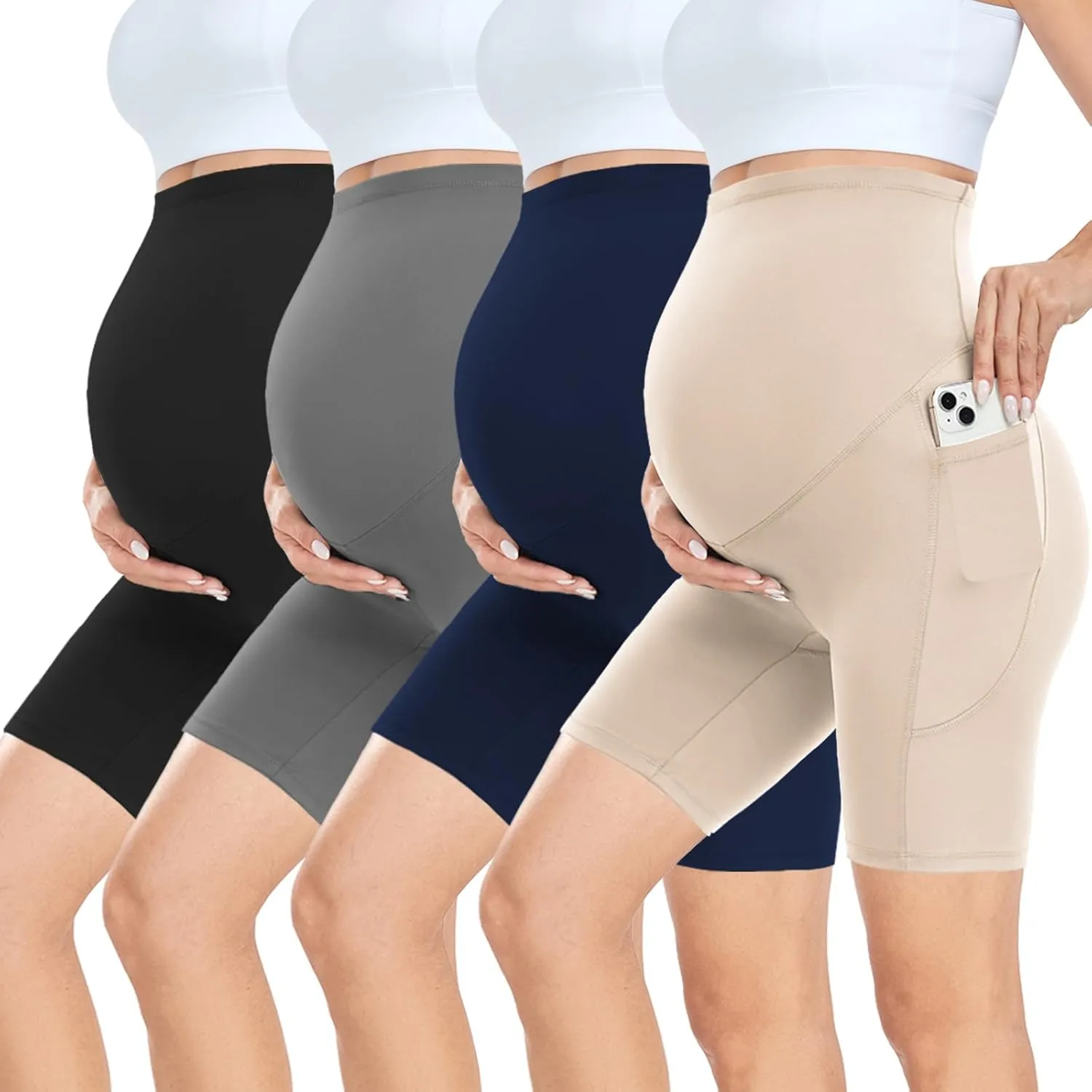 CTHH 4 Pack Maternity Shorts Over Belly with Pockets - 8" Pregnancy Biker Shorts Workout Yoga Pregnant Pants for Women