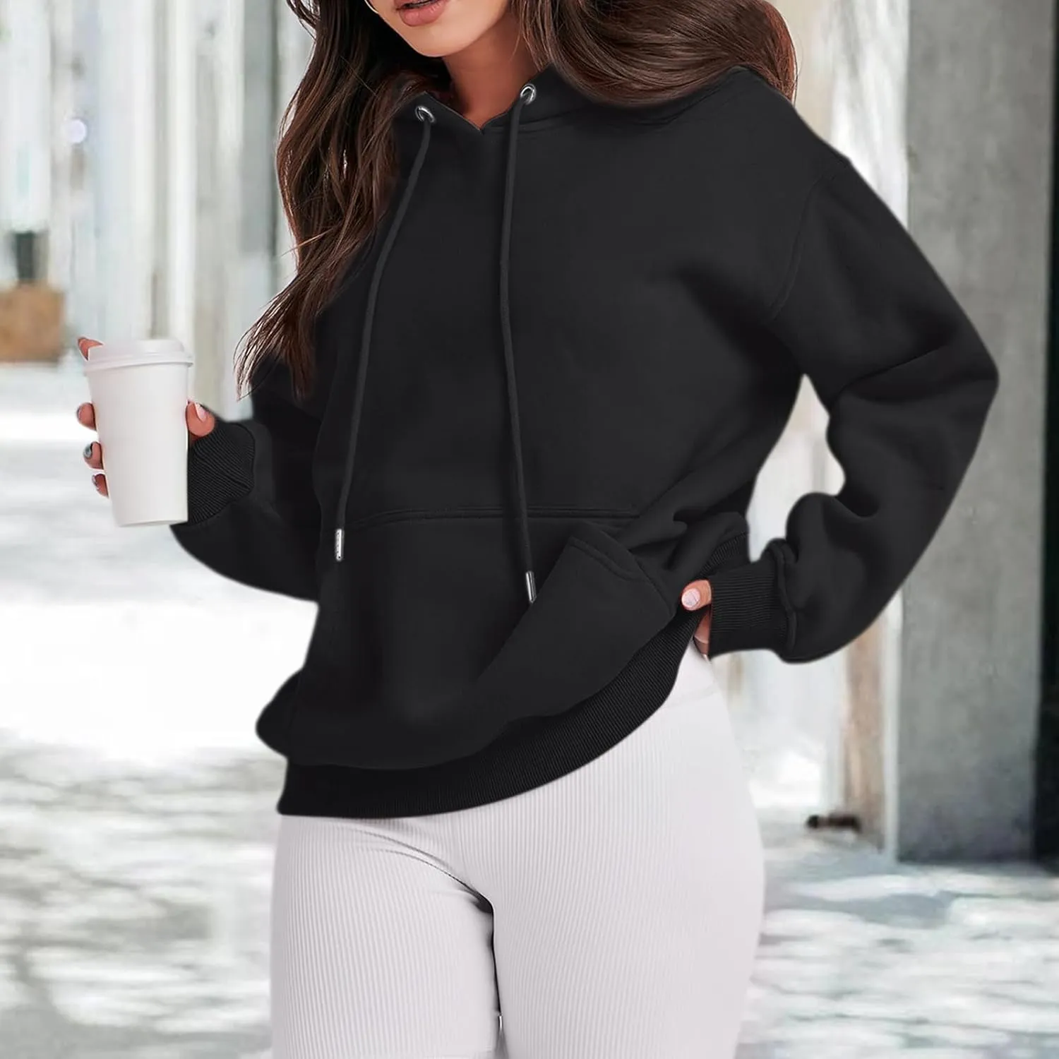 Cute Plain Hoodies for Women Teen Girls Aesthetic Fleece Solid Sweatshirt Pullover Long Sleeve Basic Tops