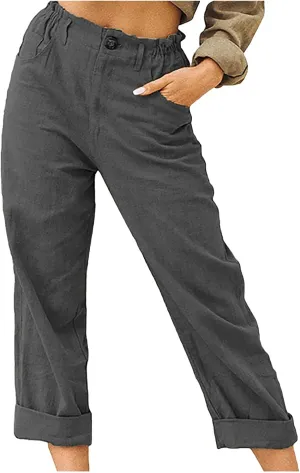 DASAYO Women Button Cotton Linen Capris Trousers Casual Beach Crop Straight Capri Pant Elastic Waist Summer Cropped Pants
