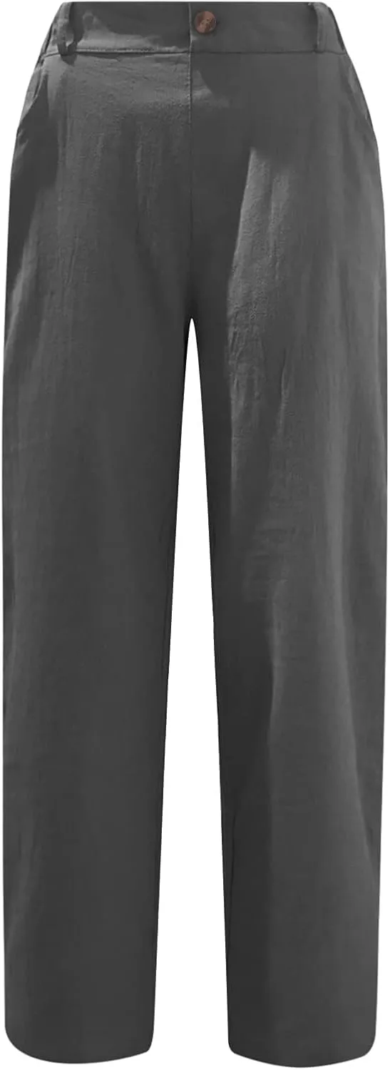 DASAYO Women Button Cotton Linen Capris Trousers Casual Beach Crop Straight Capri Pant Elastic Waist Summer Cropped Pants