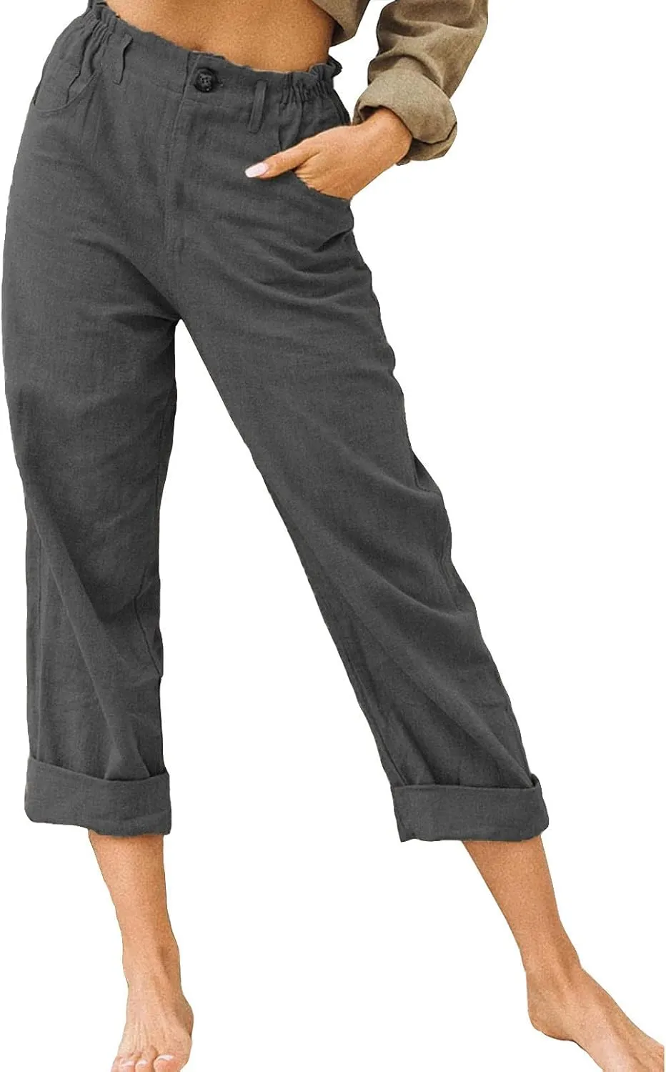 DASAYO Women Button Cotton Linen Capris Trousers Casual Beach Crop Straight Capri Pant Elastic Waist Summer Cropped Pants