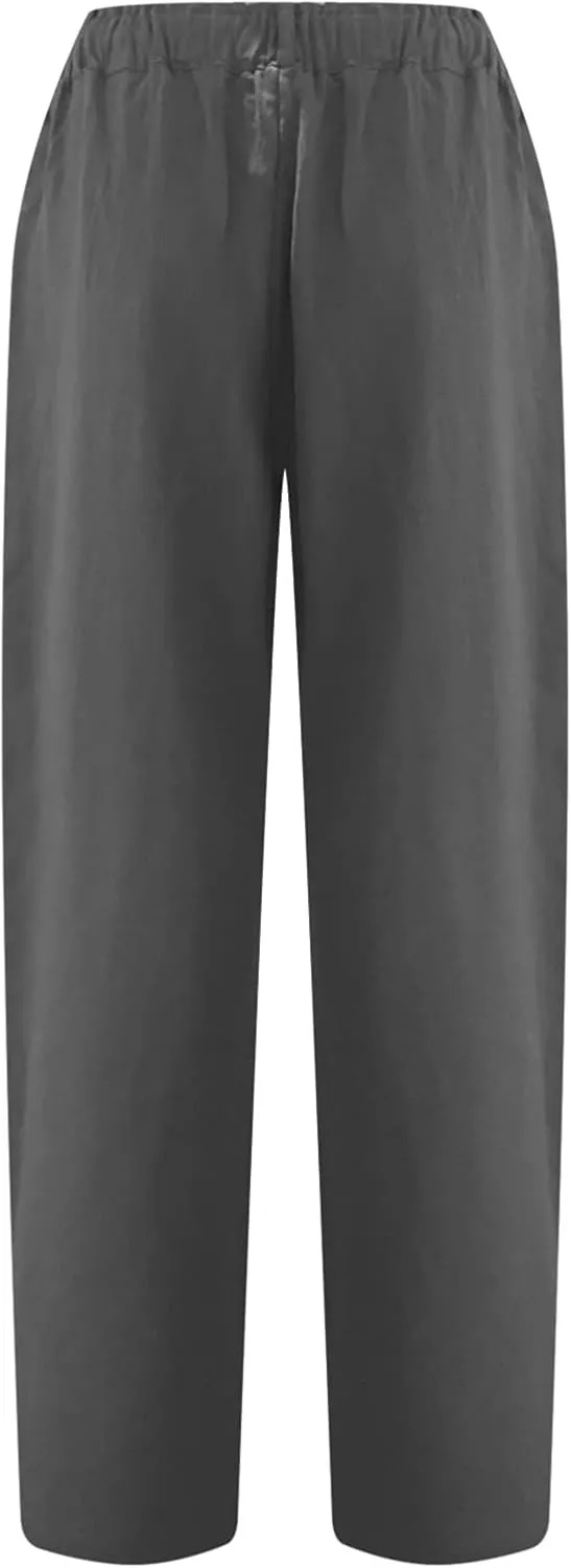 DASAYO Women Button Cotton Linen Capris Trousers Casual Beach Crop Straight Capri Pant Elastic Waist Summer Cropped Pants
