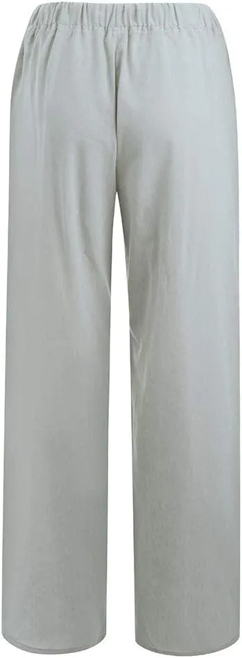 DASAYO Women Loose Fit Long Wide Leg Pants Elastic Waist Drawstring Beach Summer Slacks Cotton Solid Linen Palazzo Trousers