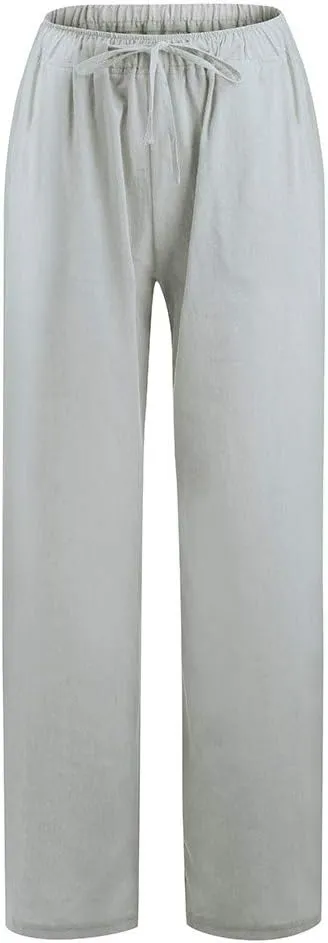 DASAYO Women Loose Fit Long Wide Leg Pants Elastic Waist Drawstring Beach Summer Slacks Cotton Solid Linen Palazzo Trousers