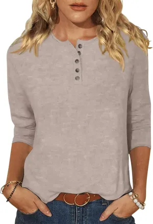 EADINVE Womens Crew Neck 3/4 Sleeve Tops Basic Button T-Shirts Solid Loose Cute Tunic Tee Blouses Fit Pullover