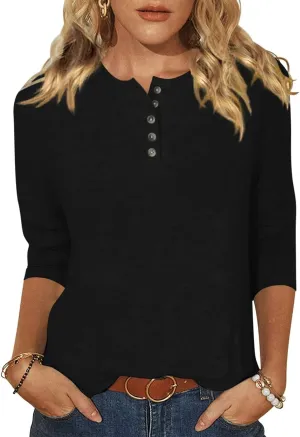 EADINVE Womens Crew Neck 3/4 Sleeve Tops Basic Button T-Shirts Solid Loose Cute Tunic Tee Blouses Fit Pullover