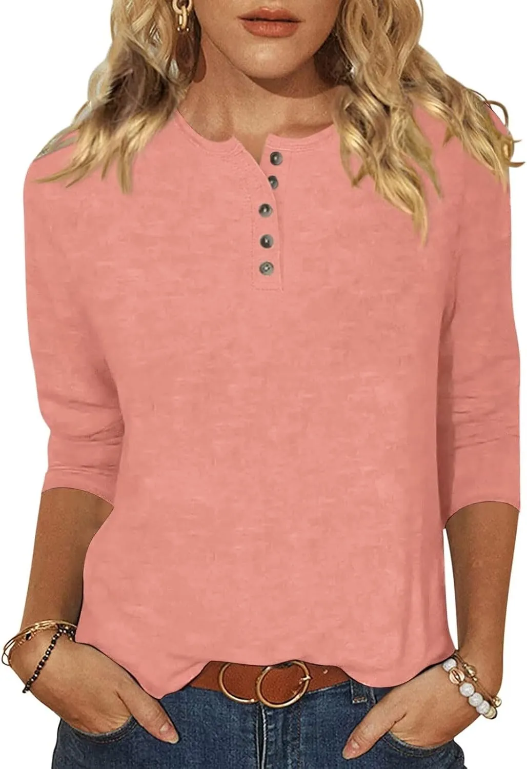 EADINVE Womens Crew Neck 3/4 Sleeve Tops Basic Button T-Shirts Solid Loose Cute Tunic Tee Blouses Fit Pullover
