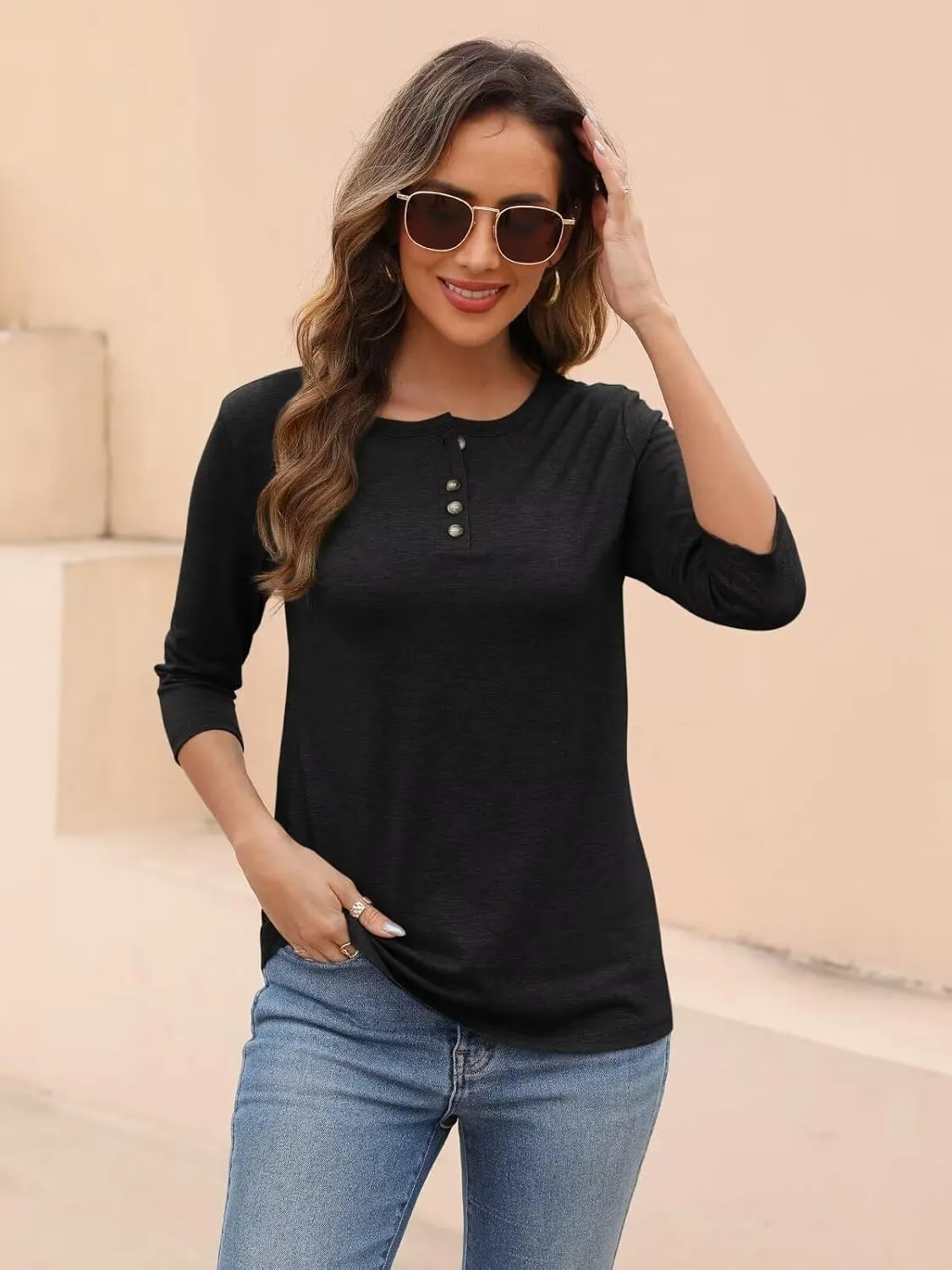 EADINVE Womens Crew Neck 3/4 Sleeve Tops Basic Button T-Shirts Solid Loose Cute Tunic Tee Blouses Fit Pullover