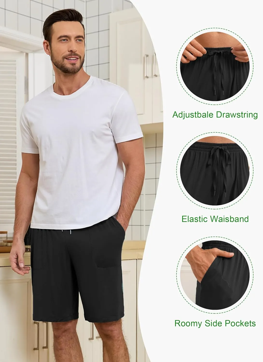 EA'S SECRET Mens Pajama Shorts Bamboo Drawstring Men's Sleep Shorts Soft Lounge Pajama Bottoms with Pockets 2 Pack