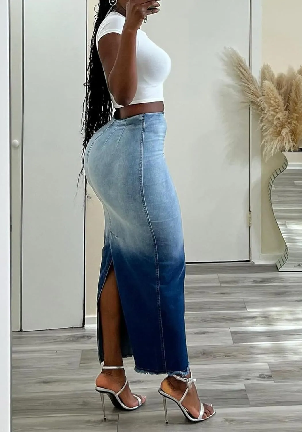 Ecirod Womens Casual High Waisted Gradient Print Zipper Back Denim Jean Maxi Skirt Y2k Streetwear