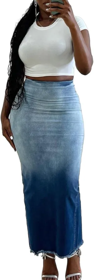 Ecirod Womens Casual High Waisted Gradient Print Zipper Back Denim Jean Maxi Skirt Y2k Streetwear