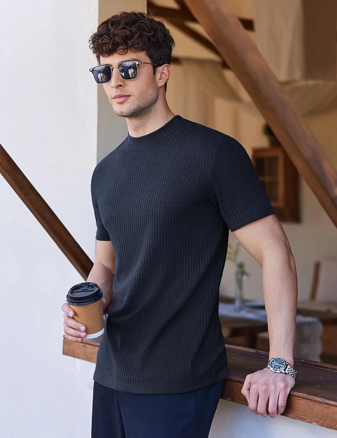 Ekouaer Mens Mock Turtleneck Short Sleeve Knit T Shirts Slim Fit Basic Thermal Tops Lightweight Tee S-XXXL