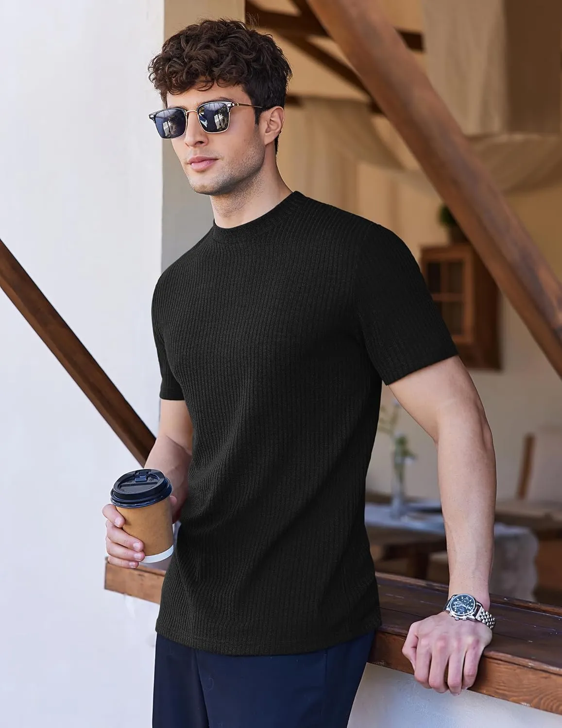 Ekouaer Mens Mock Turtleneck Short Sleeve Knit T Shirts Slim Fit Basic Thermal Tops Lightweight Tee S-XXXL