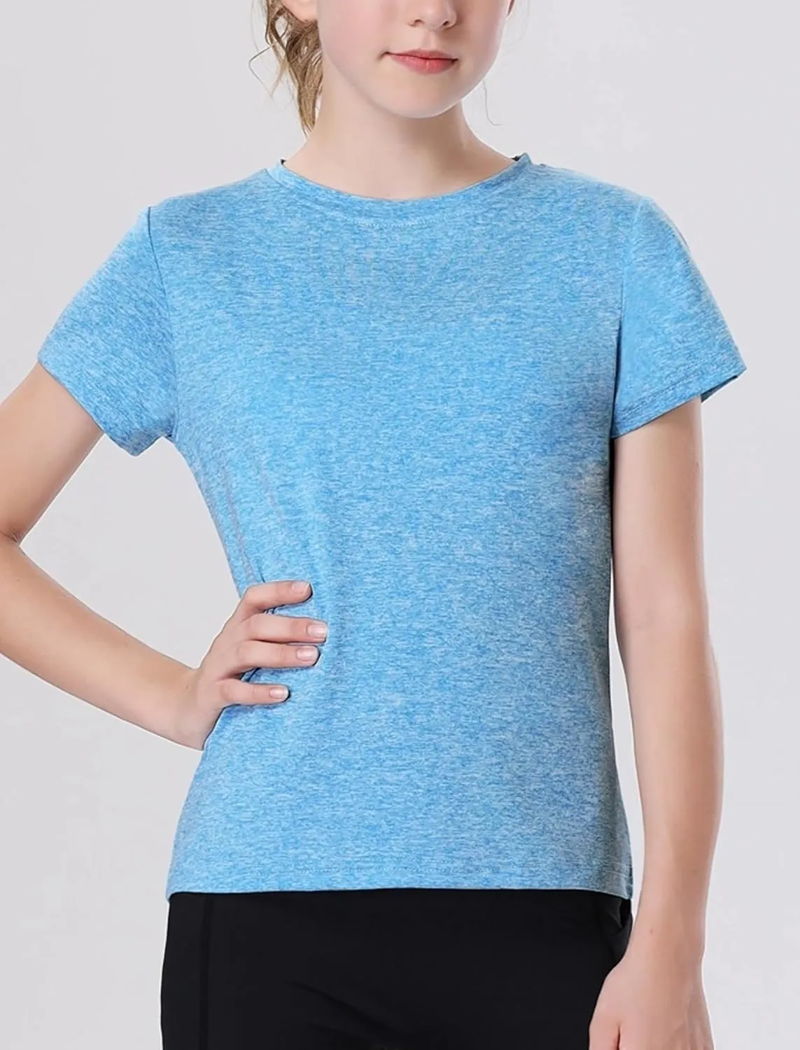 EXARUS 4 Pack Girls Athletic Shirts Quick Dry Short Sleeve Tshirts Crewneck Tee Workout Activewear Tops for Kids 8-16Y
