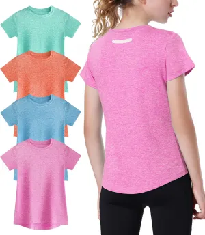 EXARUS 4 Pack Girls Athletic Shirts Quick Dry Short Sleeve Tshirts Crewneck Tee Workout Activewear Tops for Kids 8-16Y